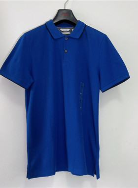 S码CK/Calvin Klein男士夏季纯蓝色slim翻领网格棉短袖POLO衫T恤