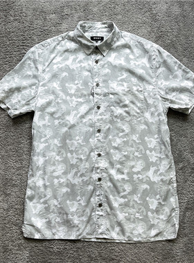 DKNY唐可娜儿男士夏季宽松凉快透气翻领灰色迷彩短袖衬衫休闲衬衣