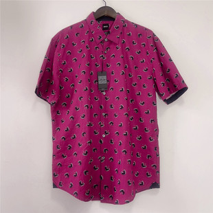 XXL码Hugo Boss男士夏季薄款含亚麻印花旅游海边度假短袖衬衫衬衣