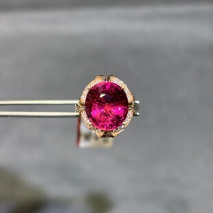 18k天然卢比莱红碧玺戒指收藏大圆形配钻石女戒精切豪华艳红玫红