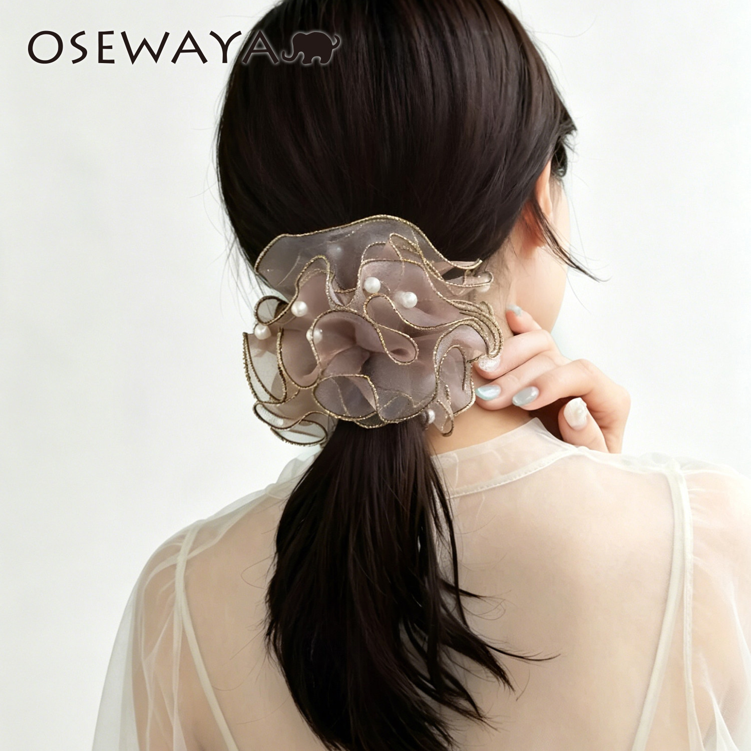 OSEWAYA发圈珍珠绣球花闪粉日系甜美女式发绳清透设计感温柔发饰