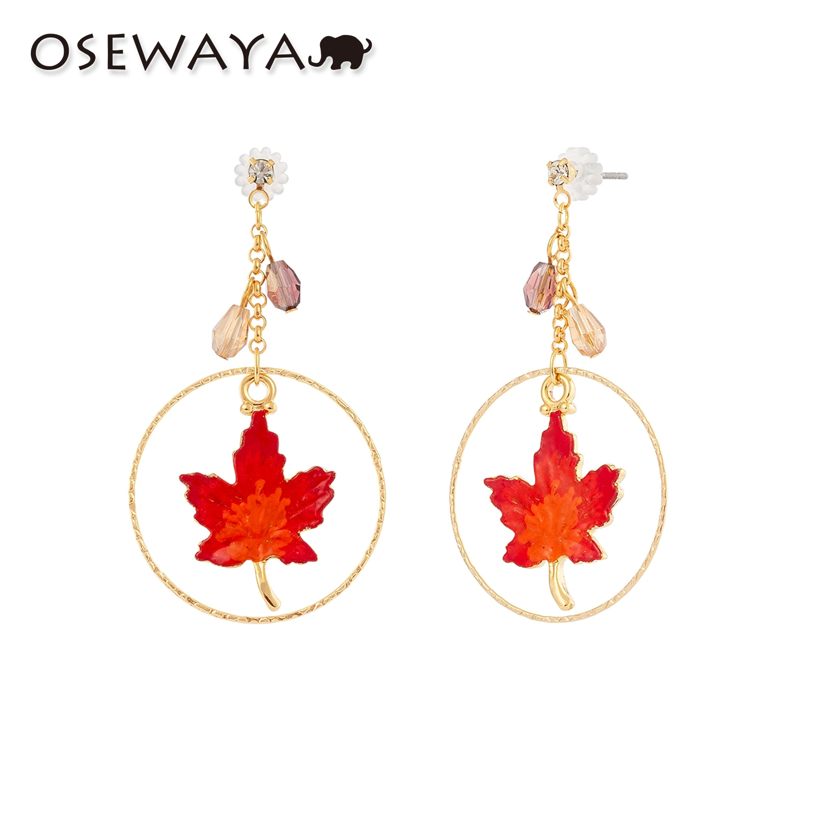 OSEWAYA耳钉女圆圈枫叶秋冬耳环高级感日系小众设计新款红色耳饰