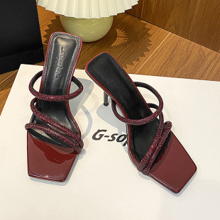 L-11杨树林同款气质绝美一字带凉拖性感2025方头细跟水钻高跟凉鞋