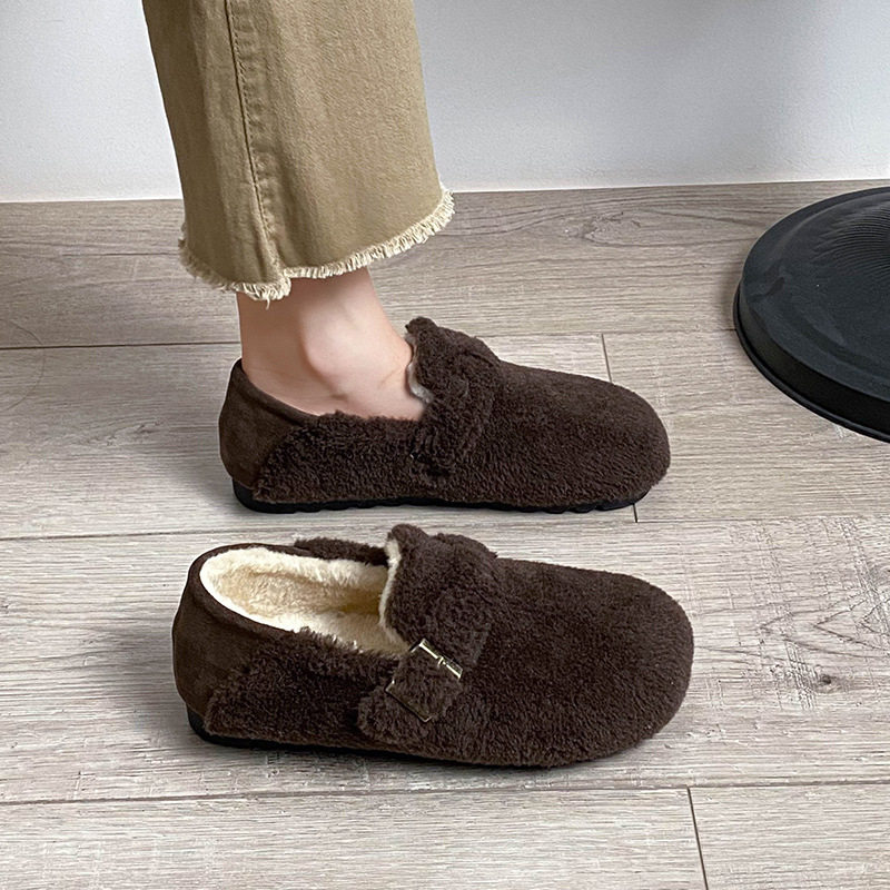 灰色勃肯鞋加绒毛毛鞋女外穿2025新款冬季全包一脚蹬厚底博肯棉鞋