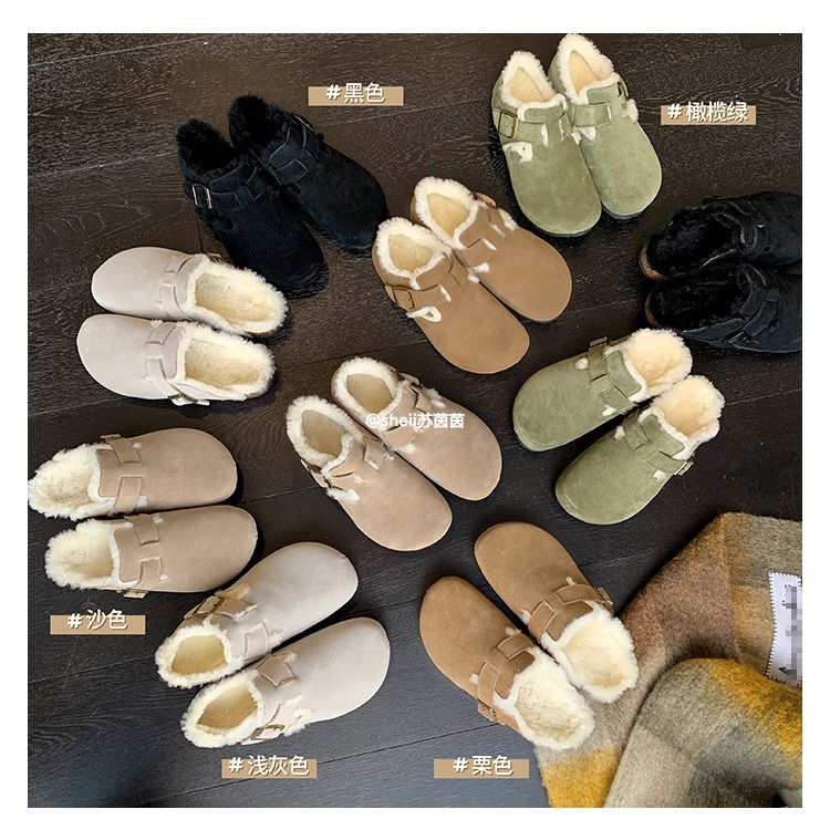 现货秒发~葡萄妈真皮版本~复古真皮内毛毛勃肯单鞋女包头半拖