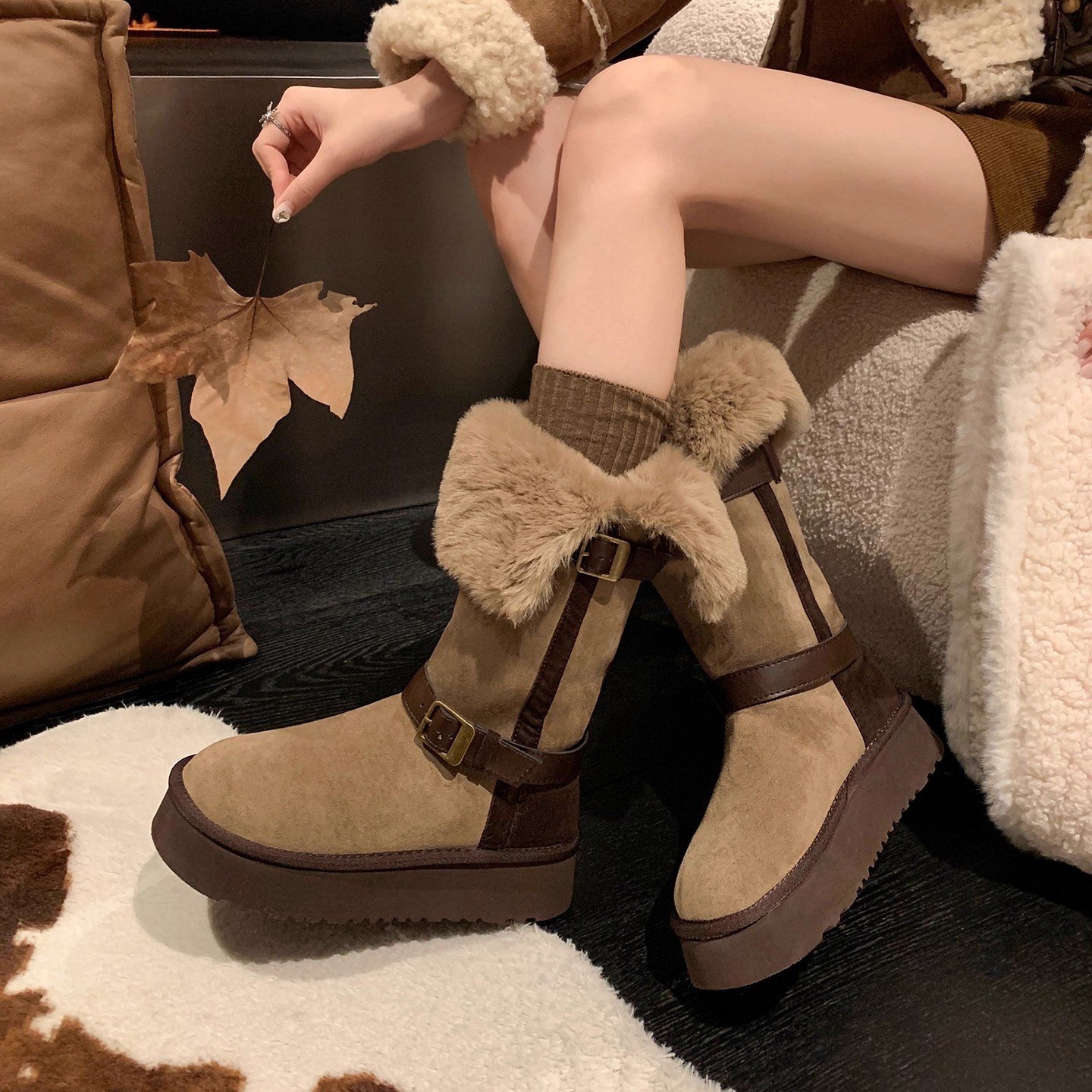 羊皮版~2025年新款翻边厚底羊毛毛雪地靴女加绒冬季长筒靴子棉鞋