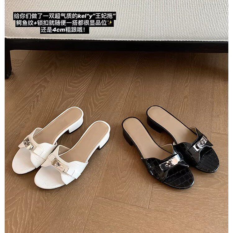 葡萄妈同款 妃拖~超贵气3cm粗跟鳄鱼纹锁扣真皮拖鞋女凉拖外穿