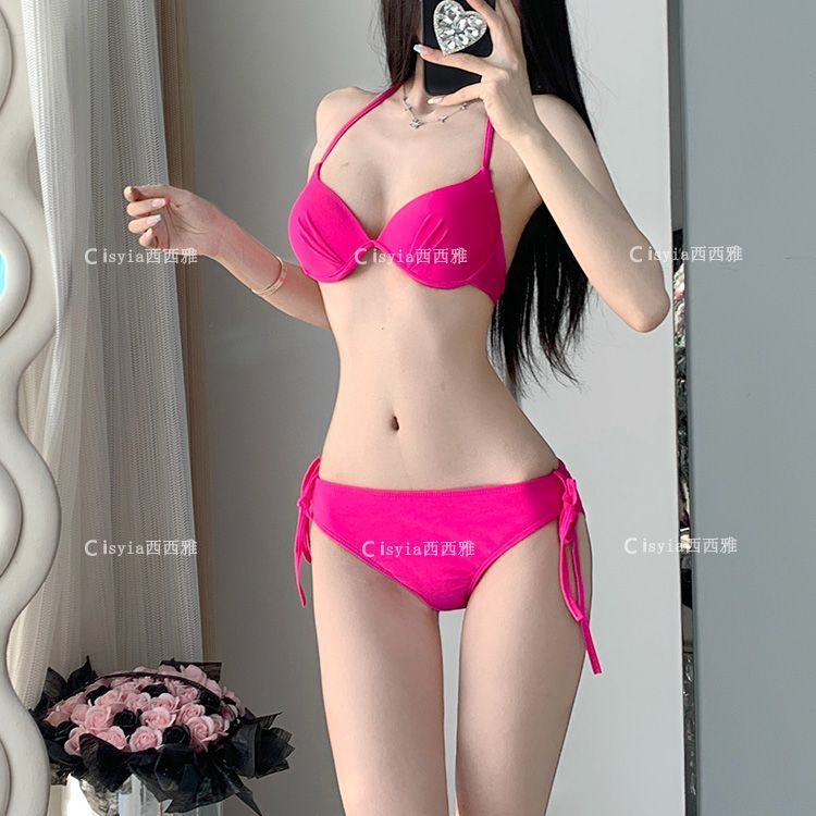欧美新款pink玫红色聚拢比基尼钢托聚拢小胸性感三件套度假泳衣