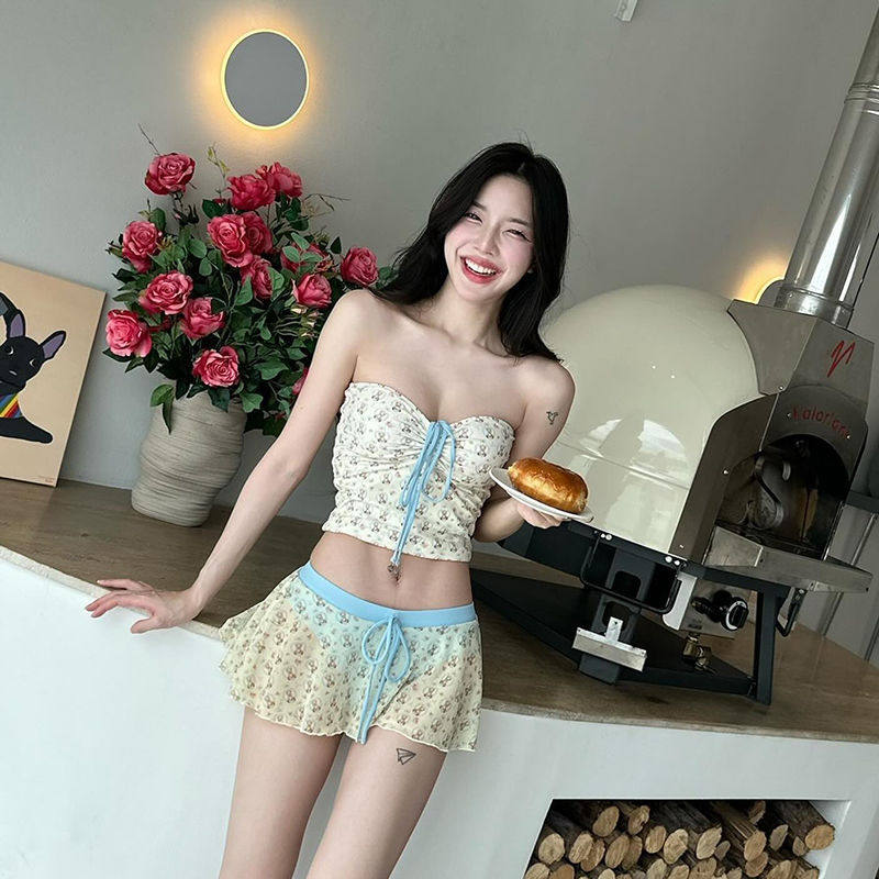甜美碎花分体裙式抹胸比基尼游泳衣女纯欲风小胸聚拢性感泡温泉夏