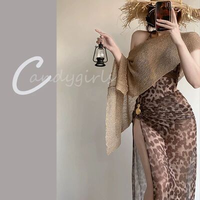 Candygirls欧美性感豹纹连体泳衣女一字披肩度假风氛围感温泉泳装
