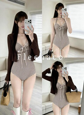 【格调时光】韩系复古格纹遮肚显瘦小胸聚拢性感连体温泉度假泳衣