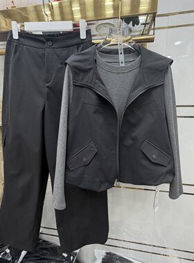 黑色连帽马甲三件套女秋冬运动风