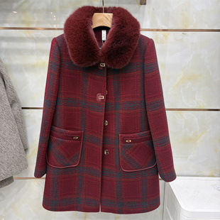 正品酒红色格子毛呢外套女中长款可拆卸大毛领加厚时尚洋气大衣