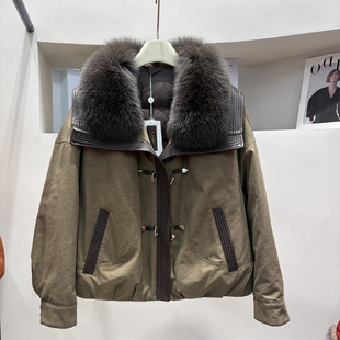 休闲风狐狸毛领短款麂皮绒羽绒服女90白鹅绒派克服时尚减龄外套