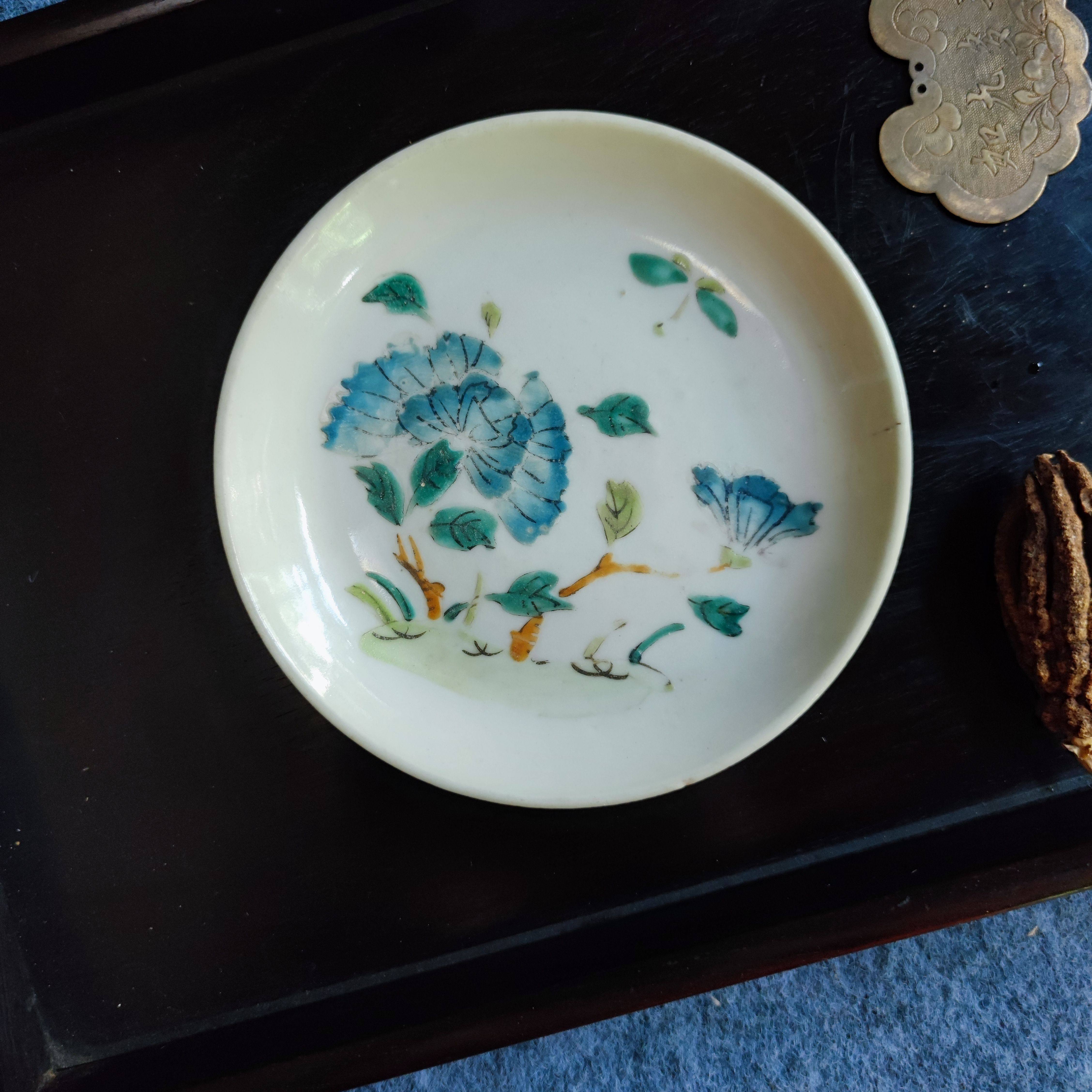 晚清民国江南粉彩手绘蝶恋花小碟子茶杯托古董古玩陶瓷器收藏品