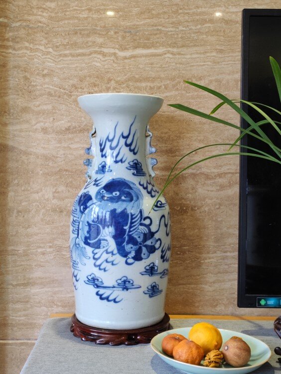 清代江南青花狮子大瓶花器老物件古董新中式案头会所装饰摆件8881