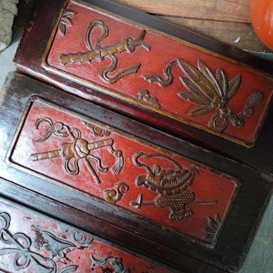 清代江南苏作榉木朱红八仙木雕挂屏装饰插画老物件古董艺术摆件