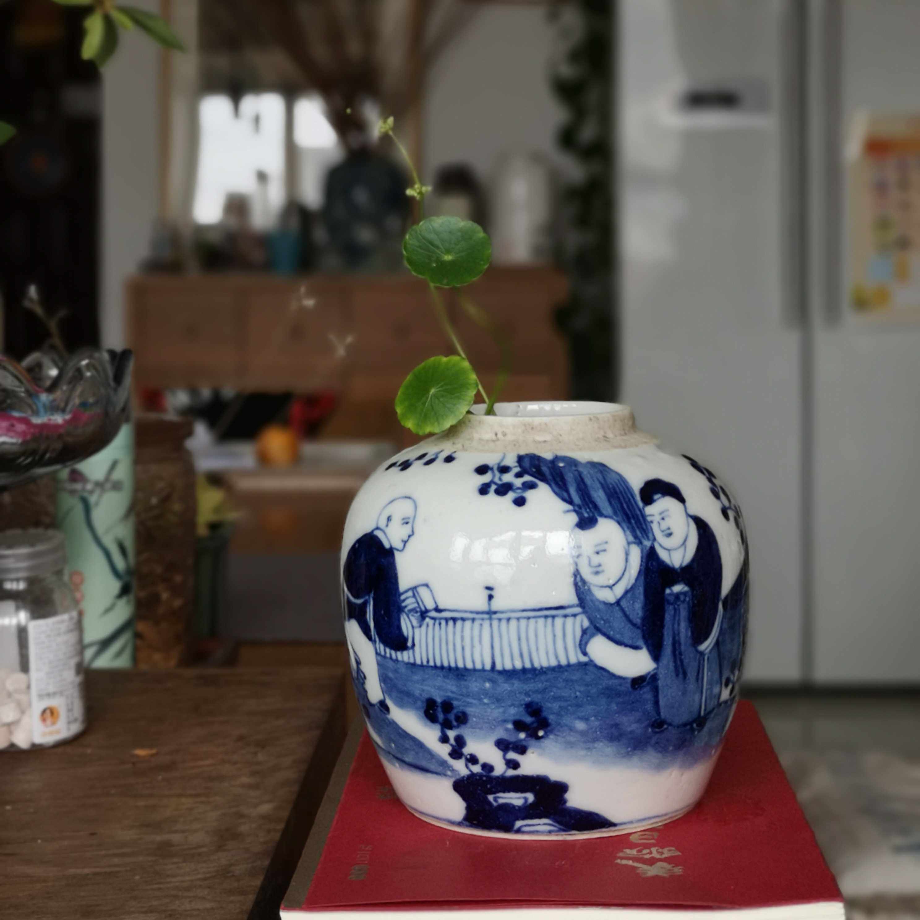 清代江南青花人物罐茶叶罐老物件古董瓷器艺术案头摆件