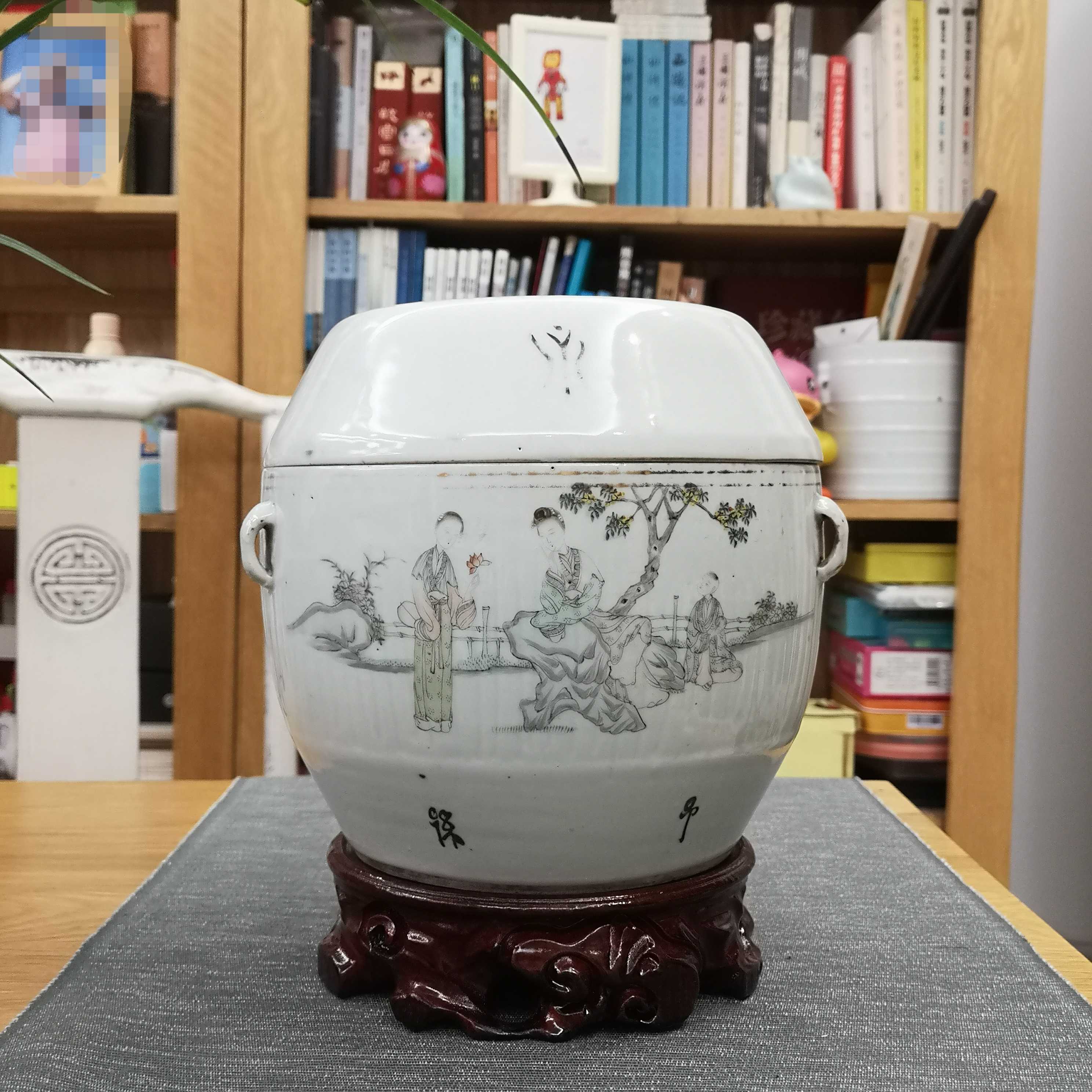 民国江南粉彩侍女瓜楞罐四系罐茶叶罐老物件古玩瓷器艺术案头摆件