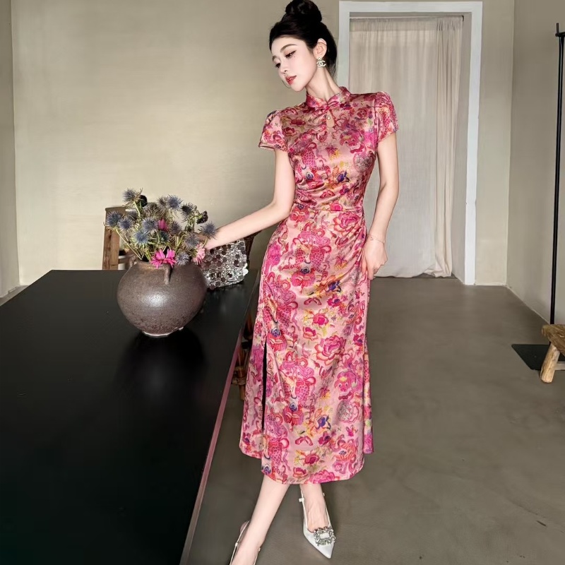 新中式国风短袖印花旗袍裙女夏季复古盘扣改良提花立领修身连衣裙