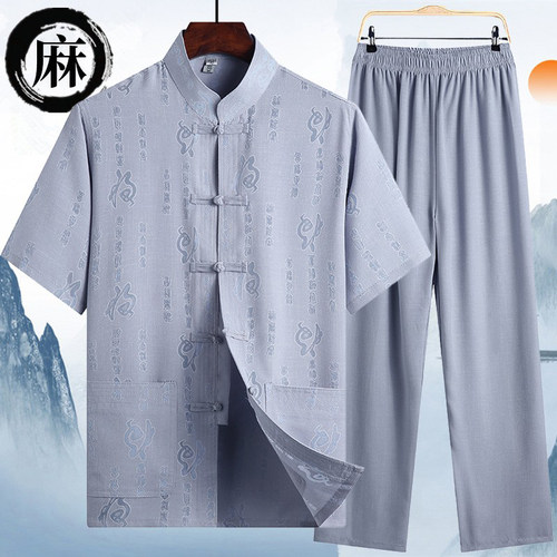 中老年棉麻唐装男短袖亚麻汉服
