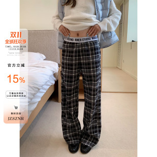 橘子树在哪儿复古拼接腰头格子休闲裤女秋冬遮肉直筒显瘦百搭裤子