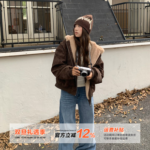 橘子树在哪儿美式 麂皮连帽外套女冬防风保暖慵懒休闲宽松百搭棉服
