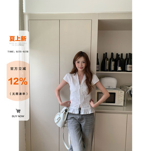 橘子树在哪儿韩系蕾丝边V领短袖衬衫女夏纯棉甜辣显瘦系带上衣