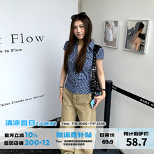 橘子树在哪儿韩系V领正肩格子短袖衬衫女夏季收腰显瘦掐腰短上衣