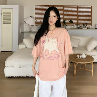 T恤女夏季 橘子树在哪儿甜美可爱猫咪植绒短袖 慵懒风宽松百搭体恤