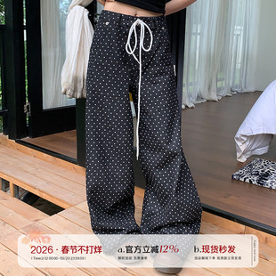 橘子树在哪儿复古波点抽绳牛仔裤女夏季休闲宽松直筒百搭拖地裤子