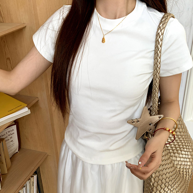 橘子树在哪儿正肩圆领短袖t恤女春夏基础款简约显瘦弹力百搭上衣