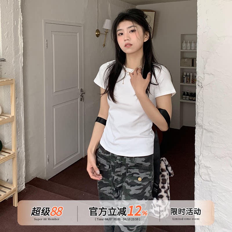 橘子树在哪儿纯色简约正肩短袖t恤女夏季修身显瘦体恤百搭短上衣