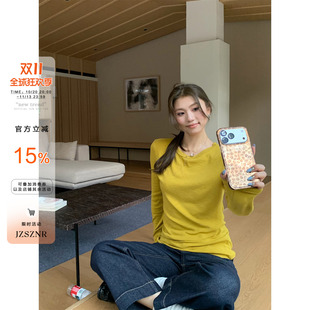 橘子树在哪儿韩系纯色圆领长袖t恤女秋肌理感宽松休闲显瘦打底衫