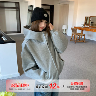 【限时价】橘子树在哪儿复古灰色连帽卫衣外套女冬季休闲开衫上衣