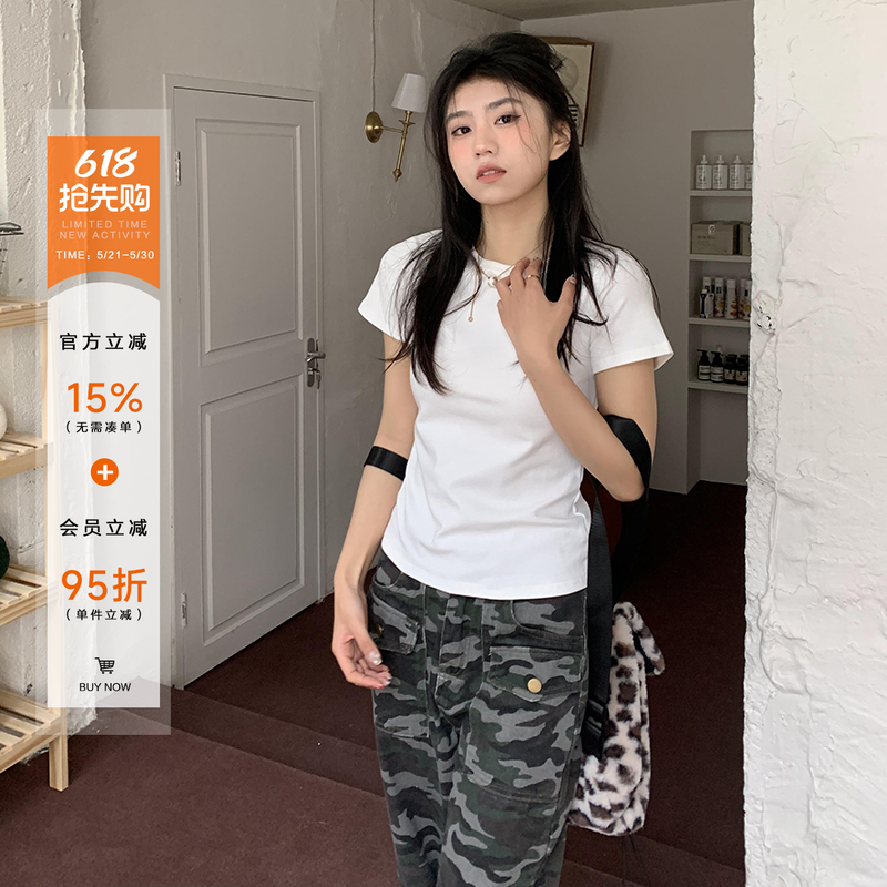 橘子树在哪儿纯色简约正肩短袖t恤女夏季修身显瘦体恤百搭短上衣