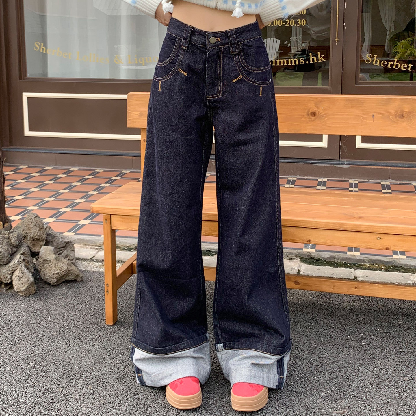 橘子树在哪儿复古蓝色明线牛仔裤