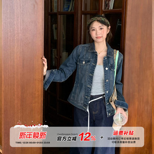 夹克上衣 橘子树在哪儿复古正肩软牛仔外套女秋百搭短款 限时价
