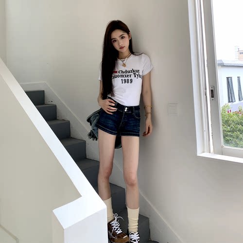 橘子树在哪儿复古双扣牛仔短裤女