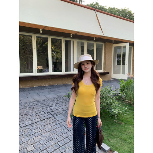 橘子树在哪儿纯色u领短袖t恤女夏