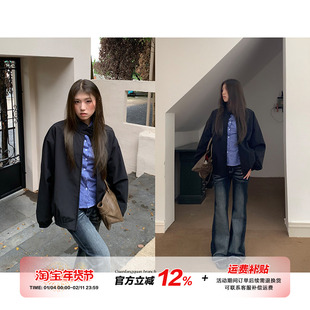 【5折款】橘子树在哪儿美式复古立领黑色外套女秋季百搭夹克上衣