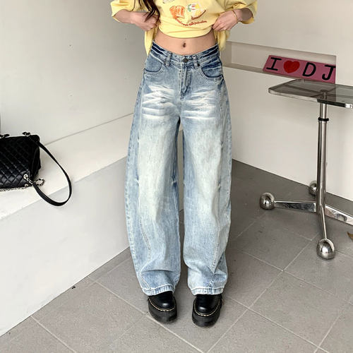 美式复古做旧弯刀牛仔裤女春季