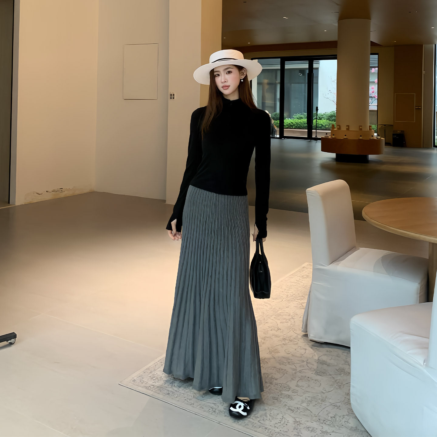 橘子树在哪儿复古针织百褶半身裙女春秋遮胯垂感显瘦气质长款裙子