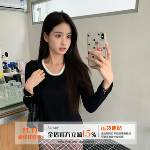 t恤女秋显瘦内搭打底衫 橘子树在哪儿韩系假两件撞色长袖 5折款