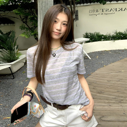 橘子树在哪儿复古条纹面膜短袖t恤女夏季慵懒风透气宽松显瘦上衣