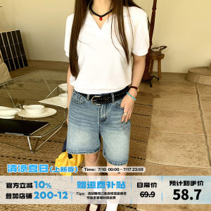 橘子树在哪儿橘子树在哪儿美式复古牛仔五分裤女夏季简约直筒显瘦百搭运动中裤