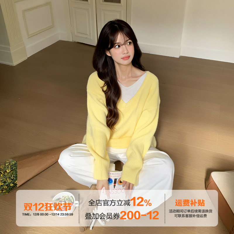 橘子树在哪儿韩系撞色V领针织衫