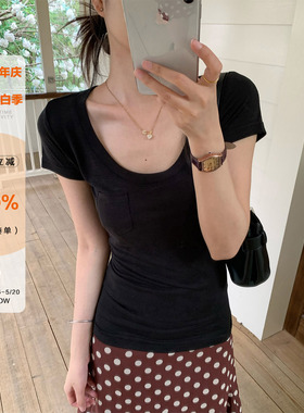 橘子树在哪儿黑色方领短袖t恤女夏季设计感凉感透气弹力显瘦上衣