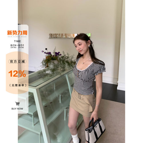 橘子树在哪儿蕾丝拼接格子衬衫女