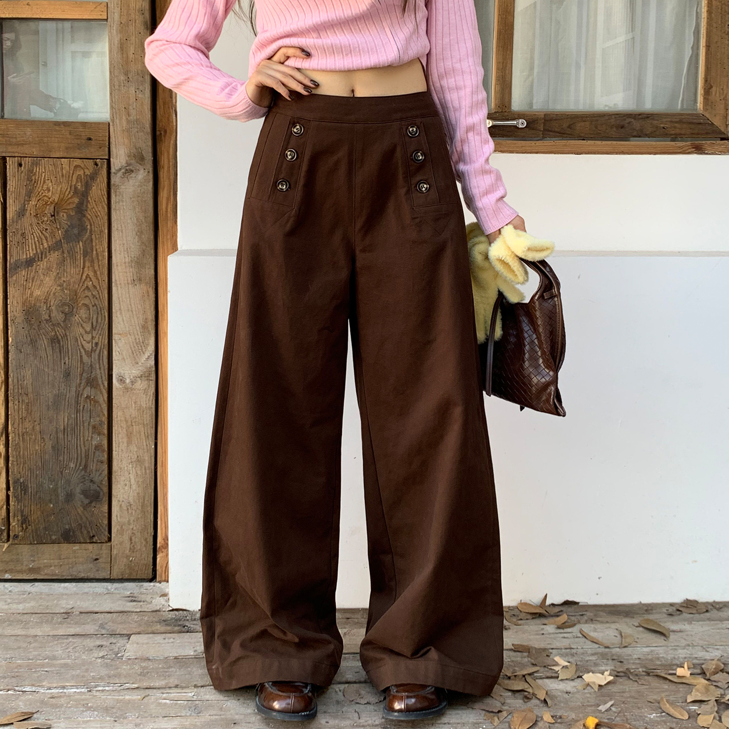 橘子树在哪儿复古口袋休闲裤女秋季设计感纯棉宽松显瘦百搭直筒裤